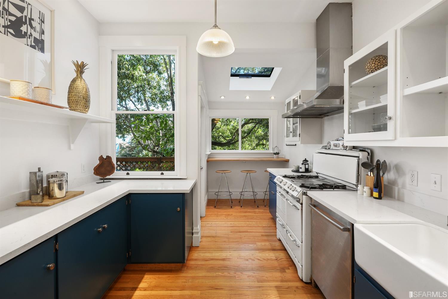 View of the kitchen, showing a skylight