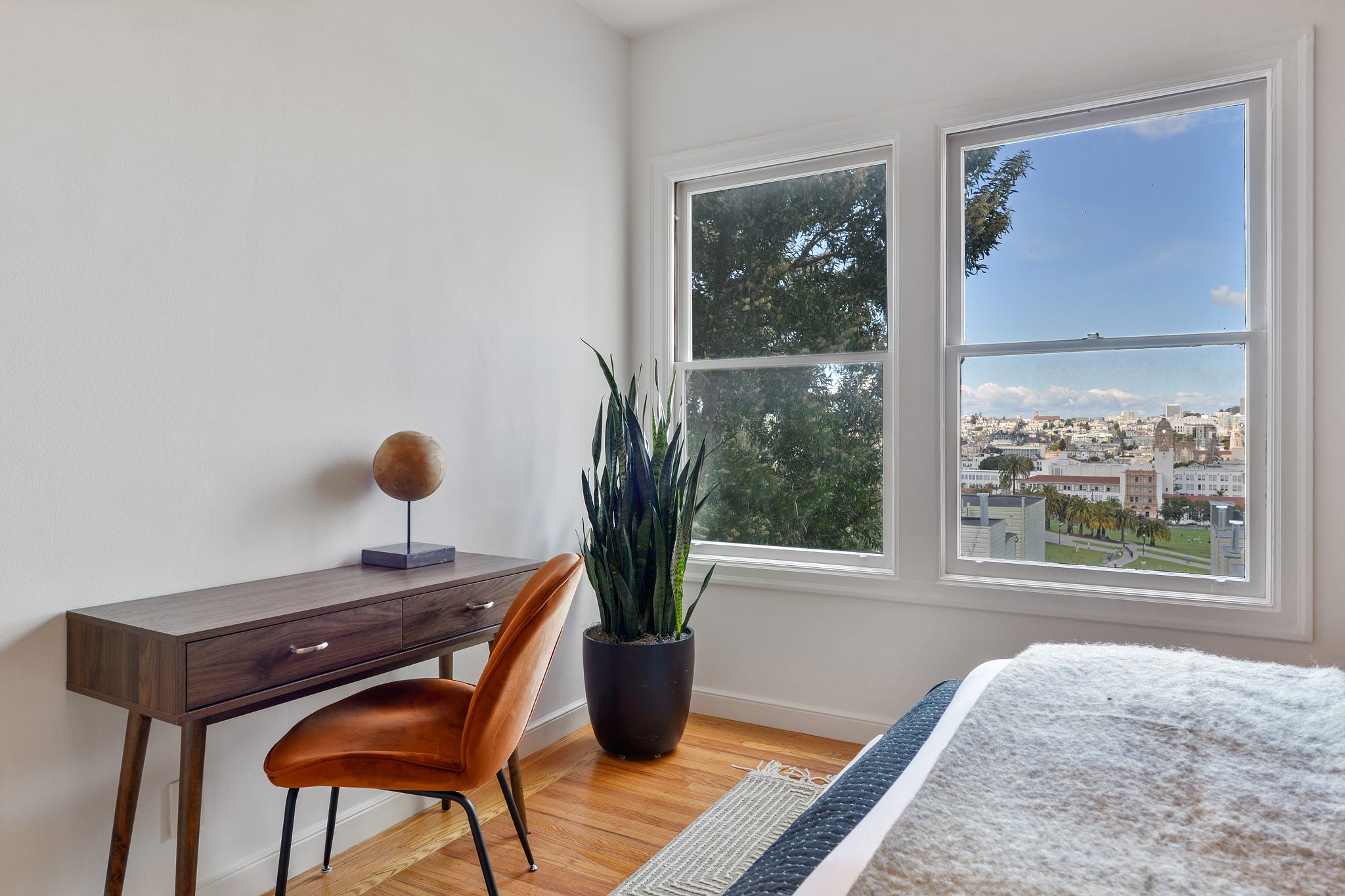 Bedroom windows with clear view of Delores Park and downtown San Francisco