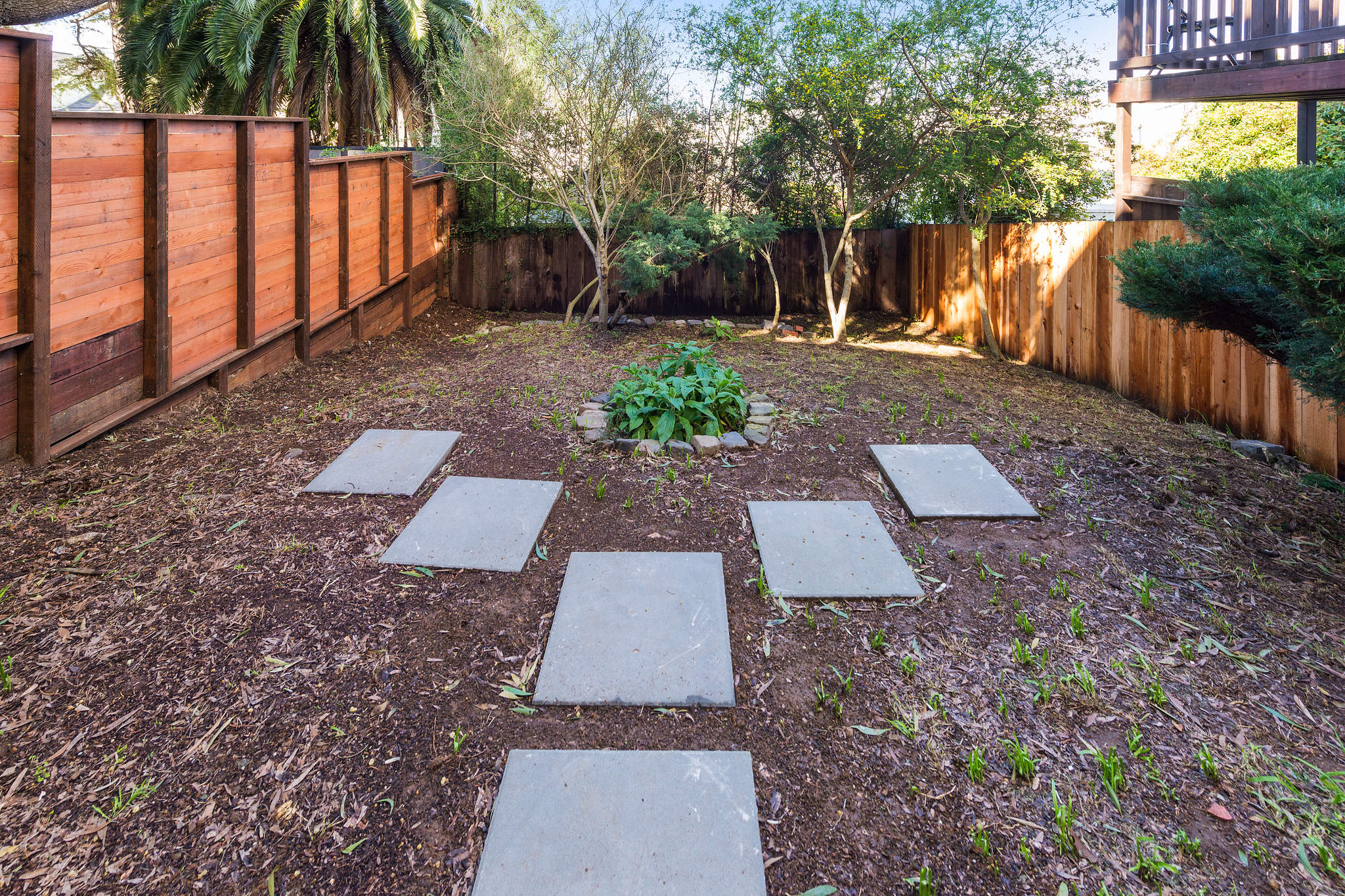 View of the rear yard at 228 Liberty Street, featuring stepping stones