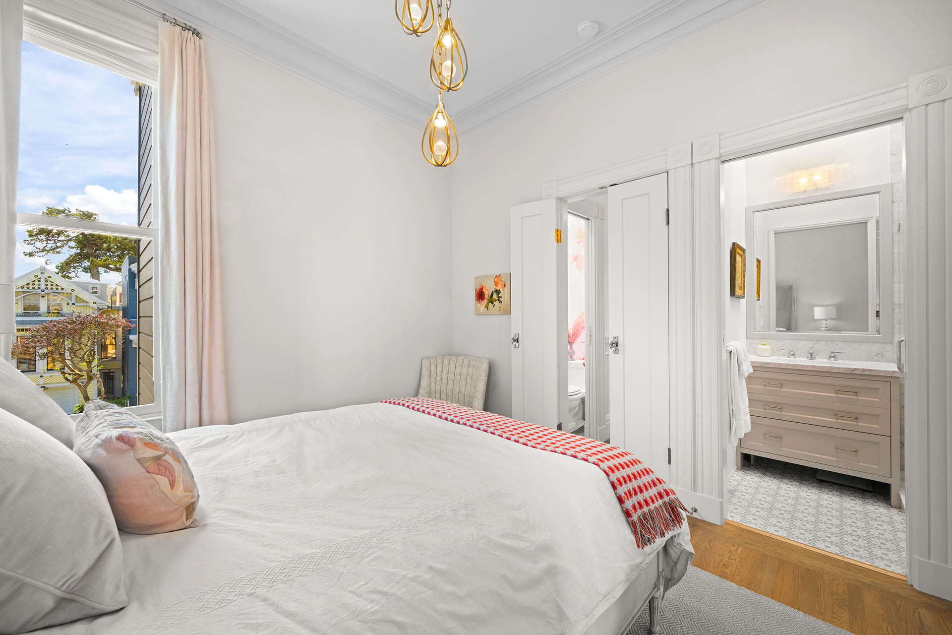 Primary bedroom has on suite bath.