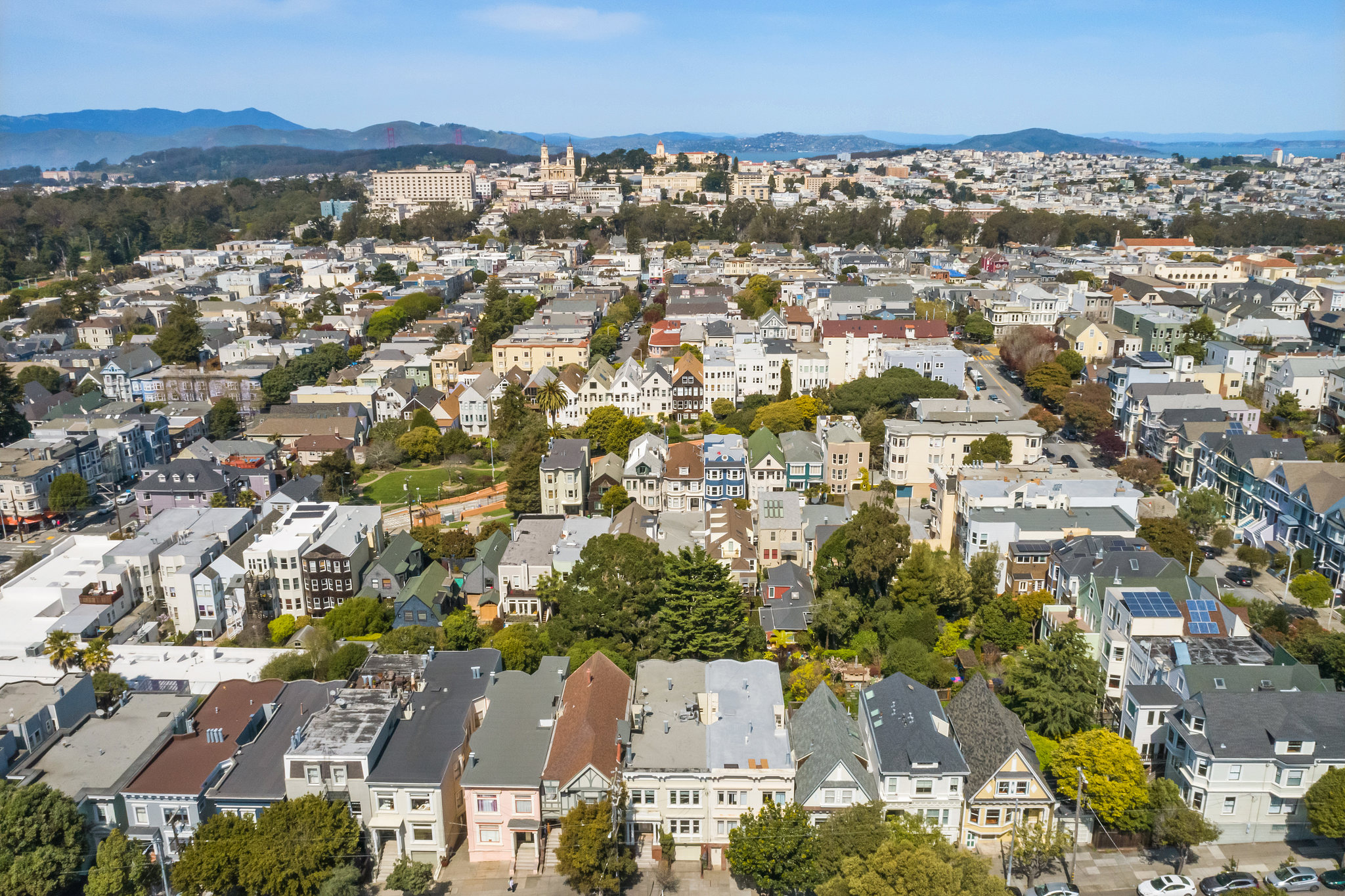 Aerial view of 36 Parnassus Avenue, showing from Cole Valley to the Bay