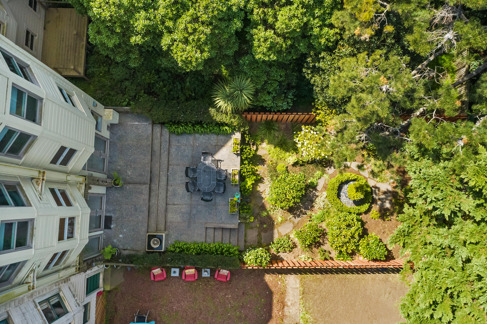 Aerial view of the rear yard at 36 Parnassus Avenue, showing the large garden and outdoor area