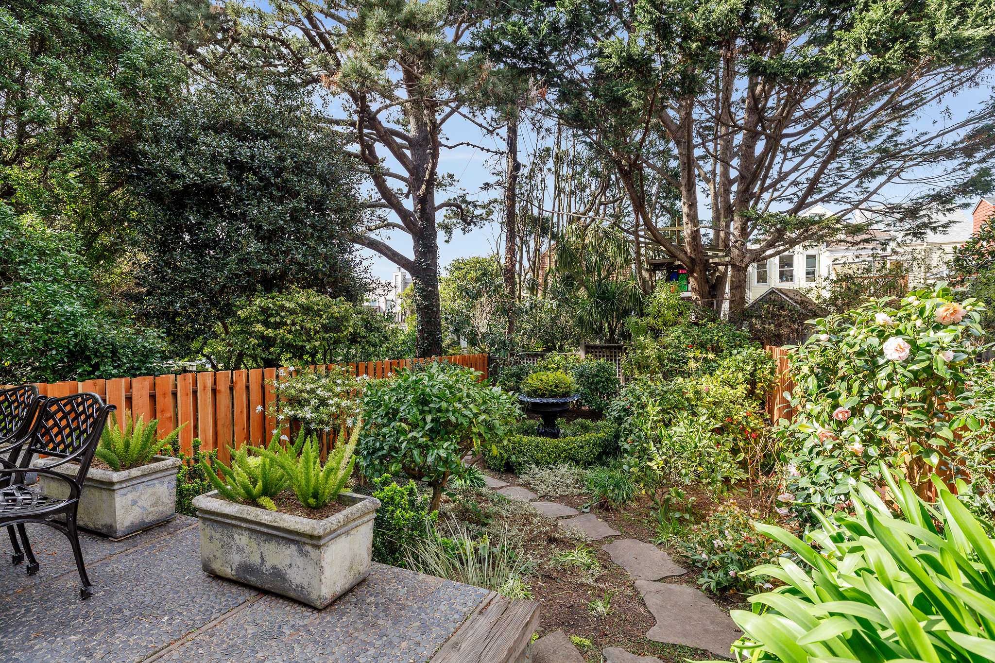 A stone path leading through a garden