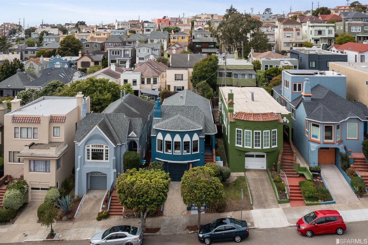42160138120 Aerial view of 78 Wawona Street, showing a row of colorful homes