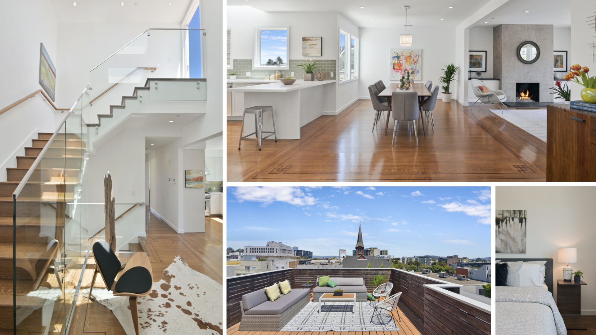 Collage showing wooden stairs and a rooftop deck view,