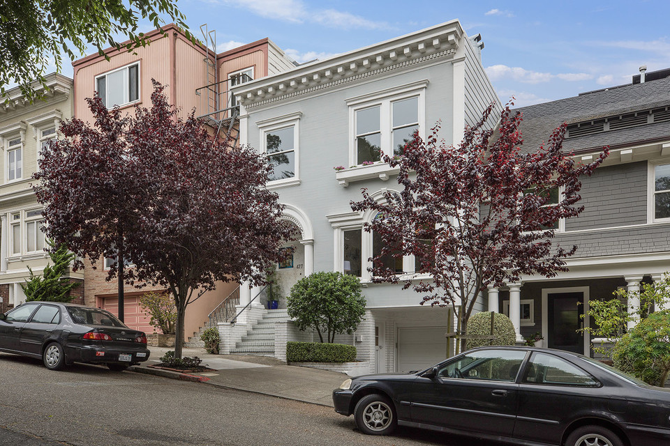 Front exterior view of 477 Belvedere Street, featuring a light grey facade