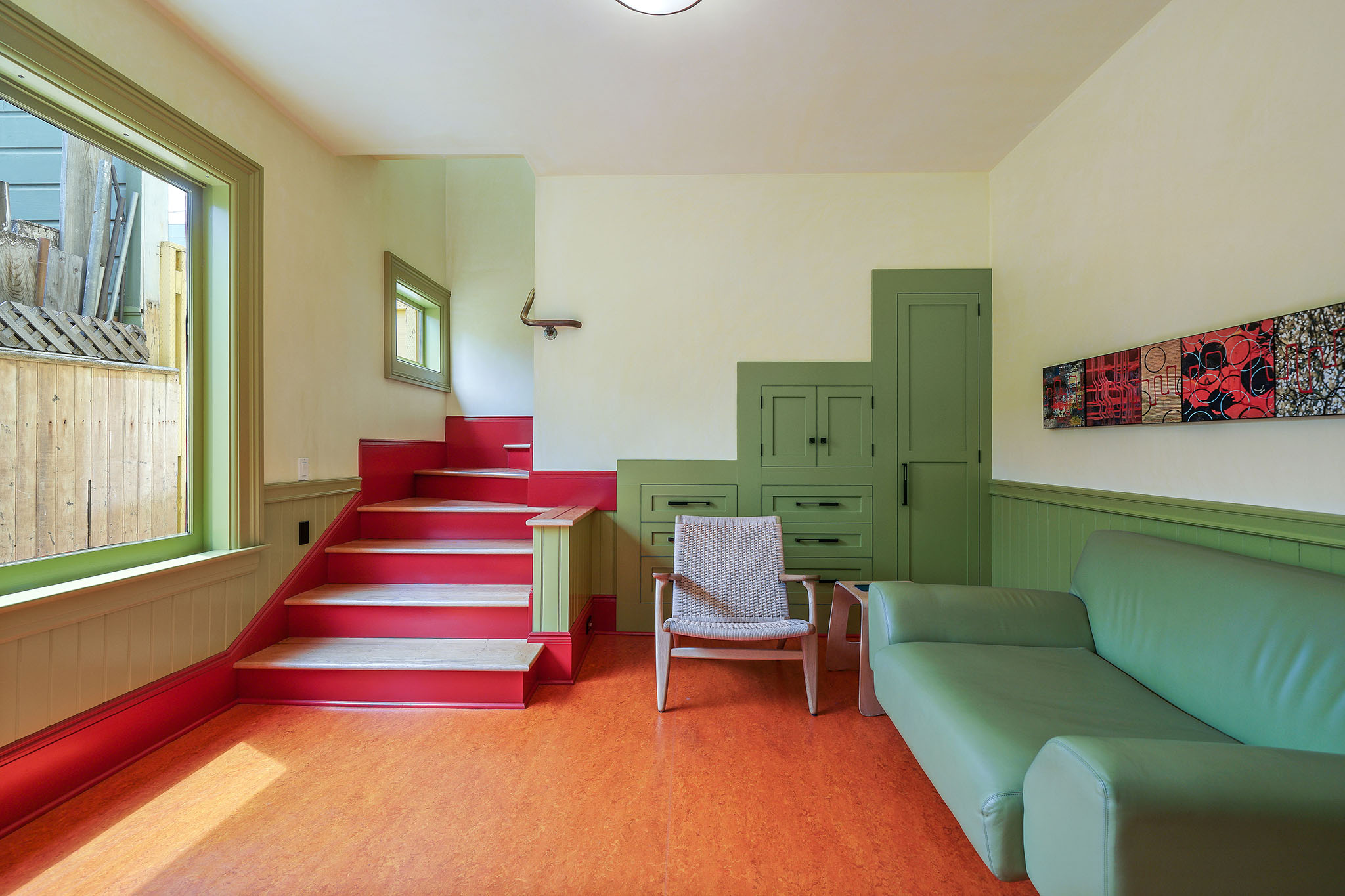 View of the seating area and steps leading up
