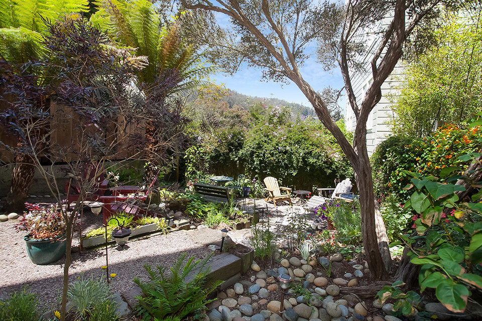 View of the lush yard and outdoor living area at 565-567 Belvedere Street