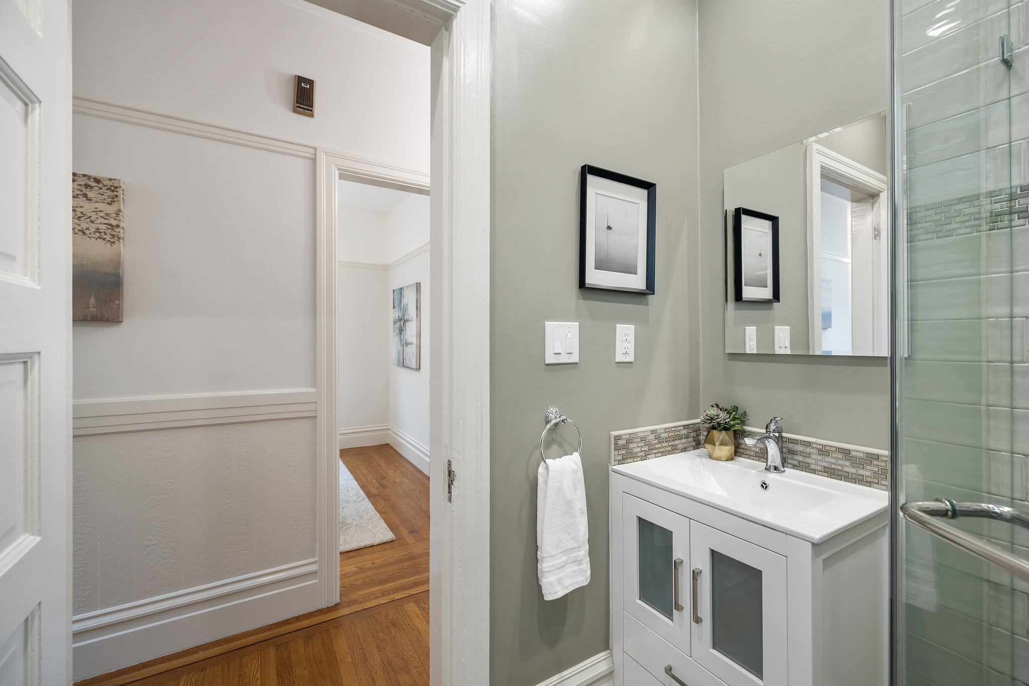View from the bathroom into the hallway at 726 Clayton Street