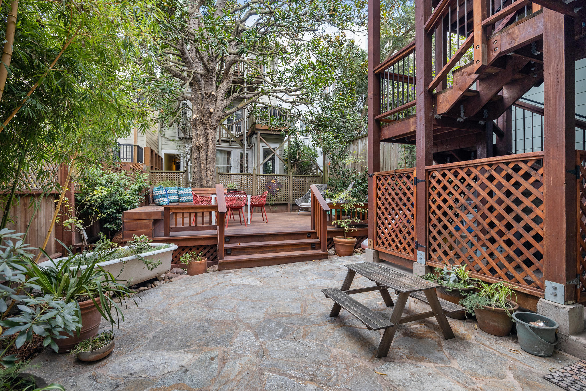 Stone patio and wood deck