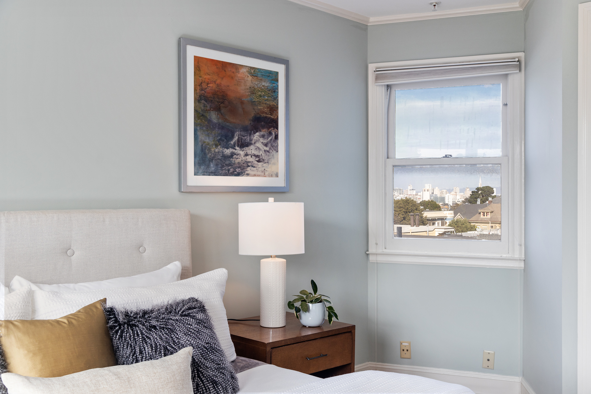 Close-up of the bedroom window overlooking San Francisco