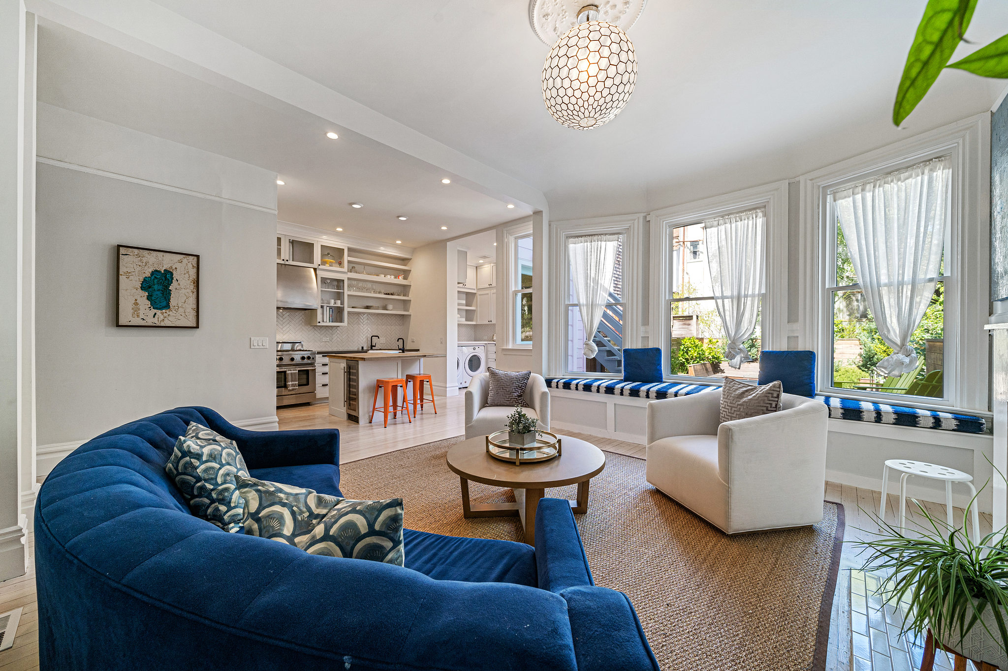 Living room with a view of the built-in seating area