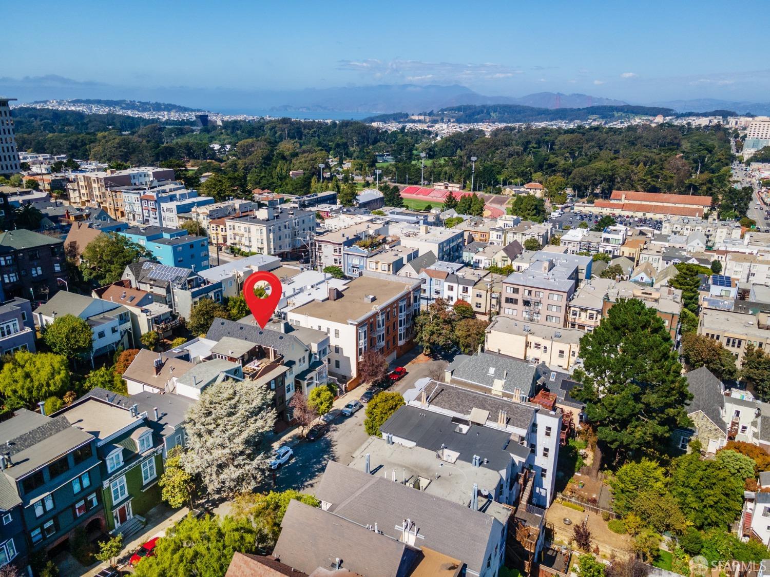 Aerial photo of Woodland Street. There is a marker above 15 Woodland