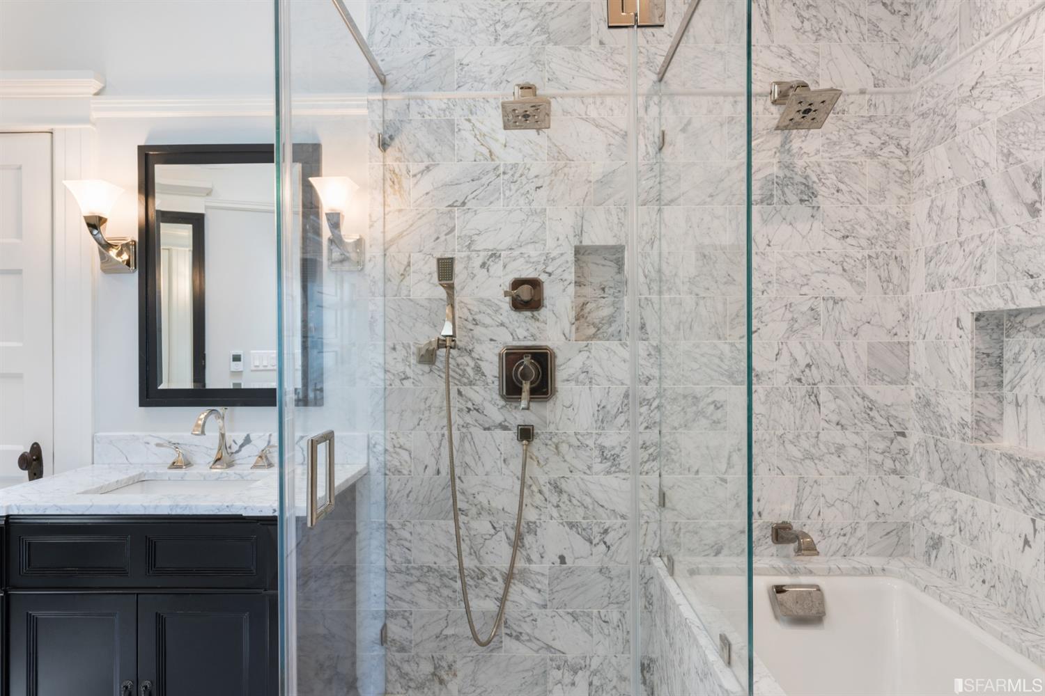 Bath1-1 Bathroom featuring a vanity, shower, and bath