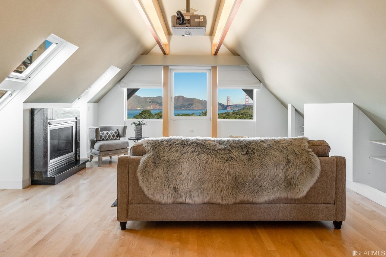Bonus-room-views View of the bonus living area and theater room at 2212 Lake Street, showing views of the Golden Gate Bridge