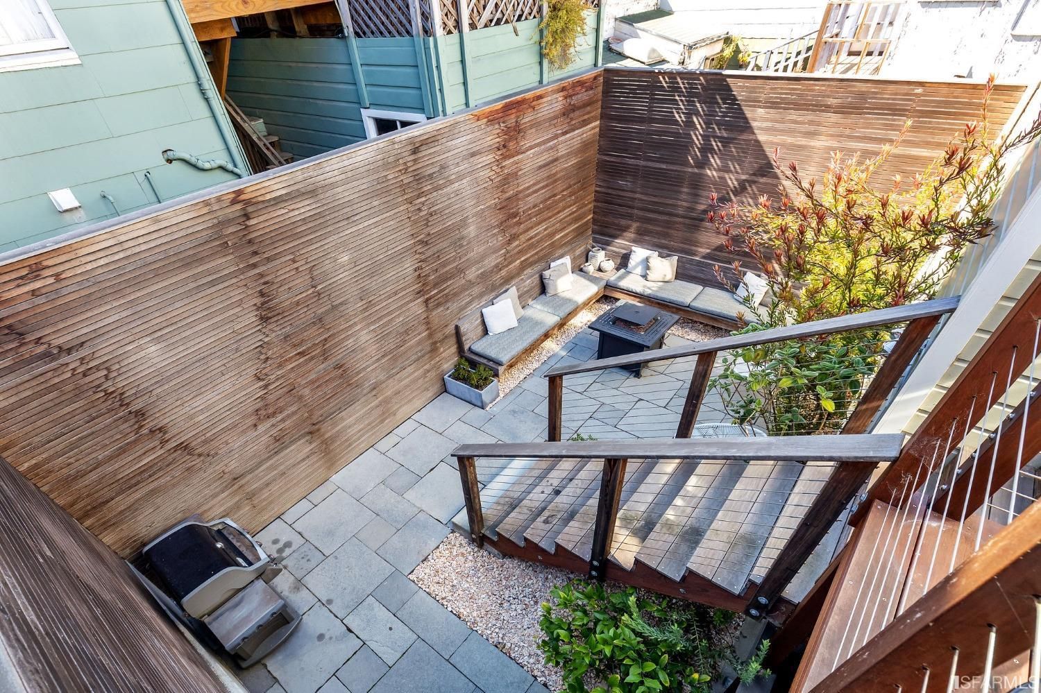 View from the upper deck to the lower patio