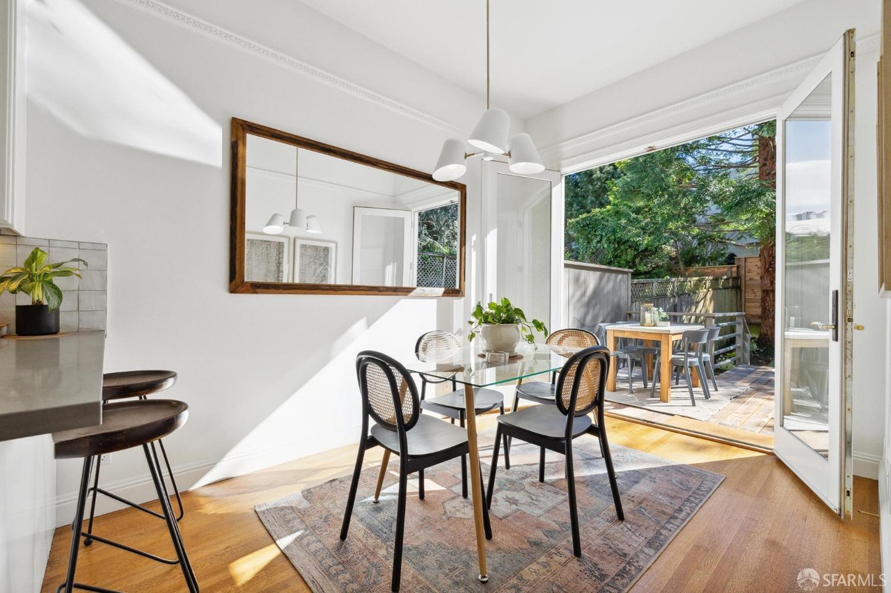 Kitchen has an eat in element that has large french doors that open to back yard.