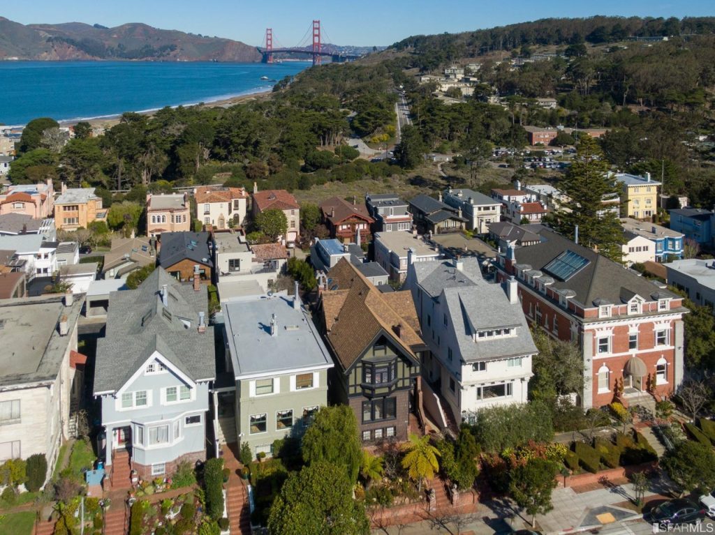 Aerial view of 2212 Lake Street in San Francisco, showing views of the Golden Gate bridge