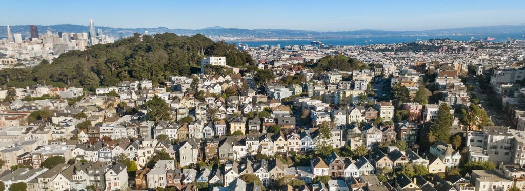 View of San Francisco Bay Area, showing downtown and Golden Gate Park
