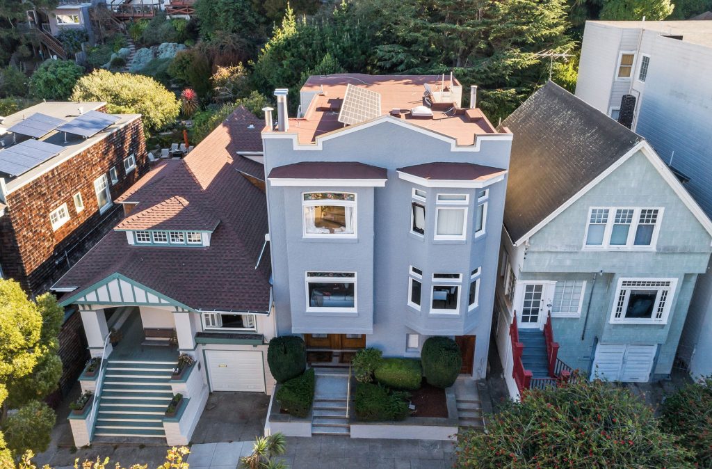 Aerial view of  540-542 Belvedere Street, showing a pale blue home