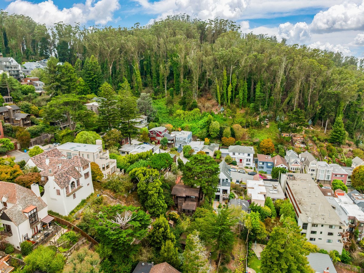 Aerial view of a residential neighborhood with houses surrounded by dense trees and a forested hillside in the background under partly cloudy skies. Aerial view of a residential neighborhood with houses surrounded by dense trees and a forested hillside in the background under partly cloudy skies.