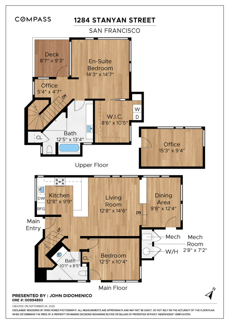 Floor plan of a two-story home showing three bedrooms, two offices, living and dining areas, kitchen, three bathrooms, deck, and mechanical rooms, labeled with dimensions. Floor plan of a two-story home showing three bedrooms, two offices, living and dining areas, kitchen, three bathrooms, deck, and mechanical rooms, labeled with dimensions.
